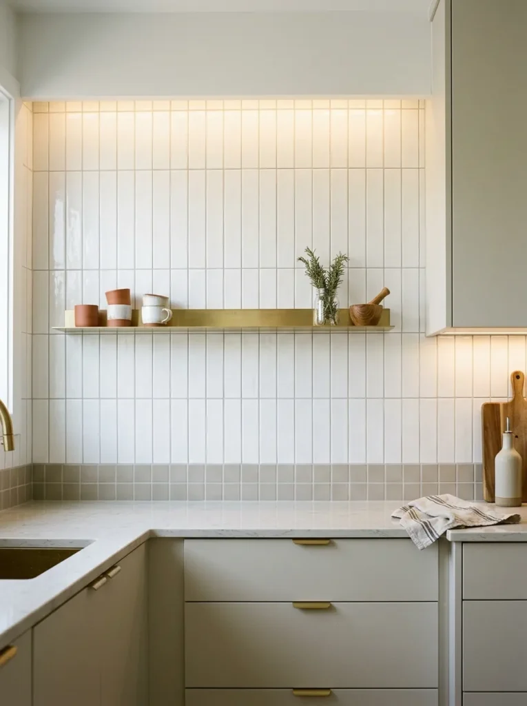 Galley kitchen backsplash with vertically oriented white subway tiles in a stack-bond pattern running from countertop to ceiling, emphasizing room height
