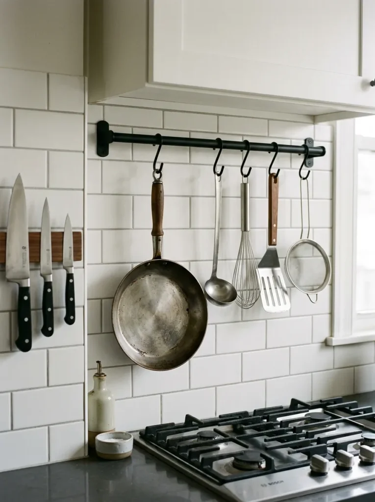 Galley kitchen cooking wall showing a matte black pot rail with hanging pans and utensils above the hob, with a magnetic knife strip on the adjacent wall section

