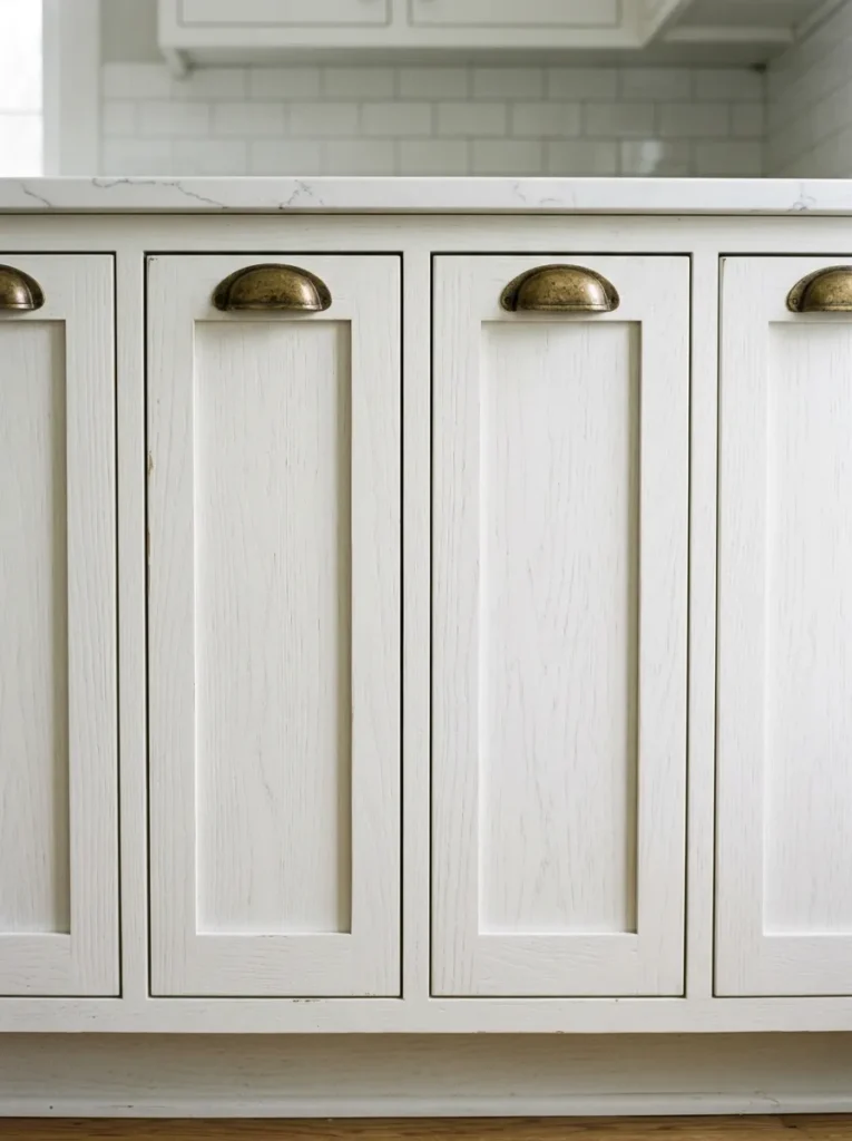 Row of white Shaker cabinet doors in a galley kitchen fitted with antique brass cup pull handles, showing the visual effect of consistent hardware across all fronts
