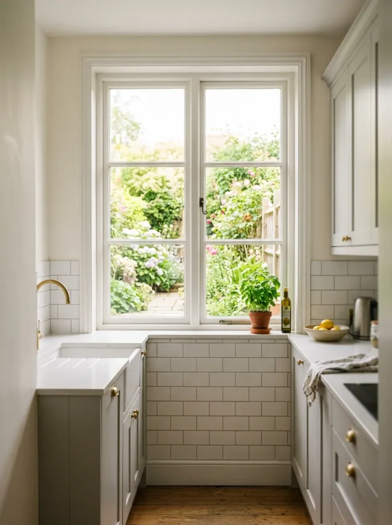 Galley kitchen backsplash with vertically oriented white subway tiles in a stack-bond pattern running from countertop to ceiling, emphasizing room height
