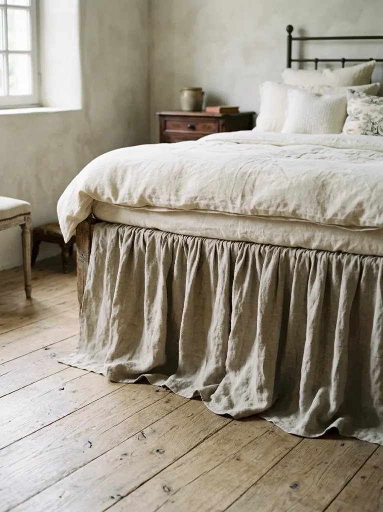 Gathered natural linen bed skirt falling in soft folds to the floor in a feminine bedroom