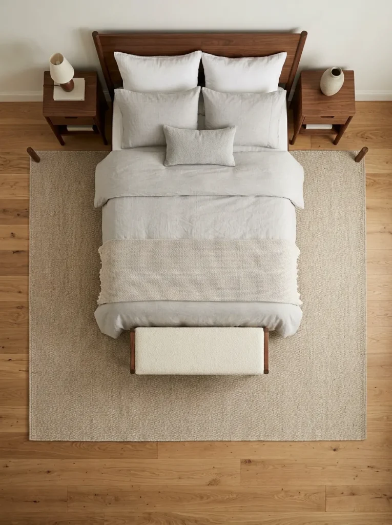 Overhead view of a contemporary bedroom floor with an oatmeal wool rug extending generously beyond the bed on all sides