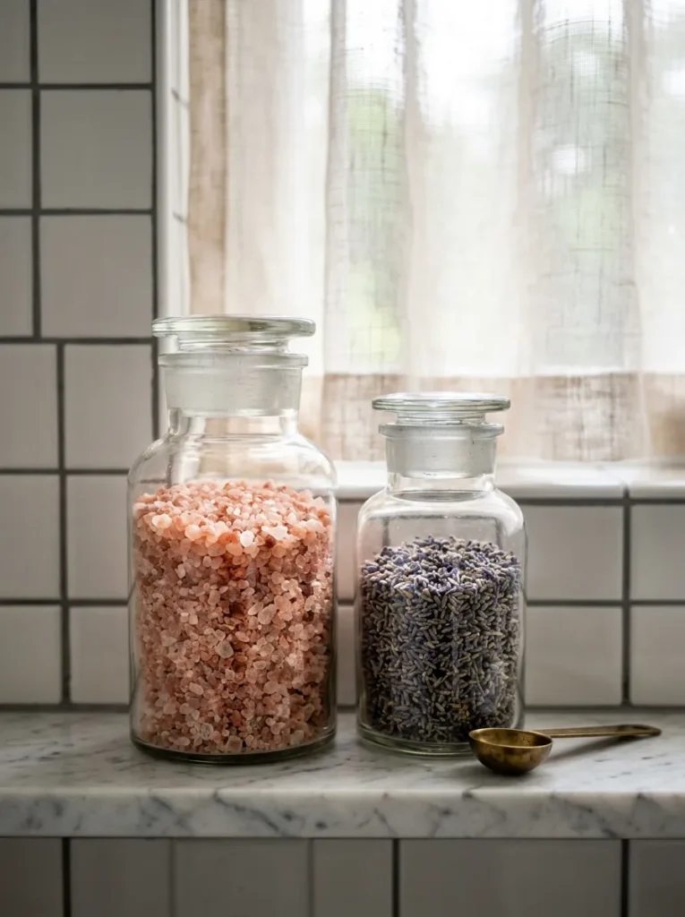 Two clear apothecary jars on a marble shelf filled with pink bath salts and dried lavender beside a brass spoon
