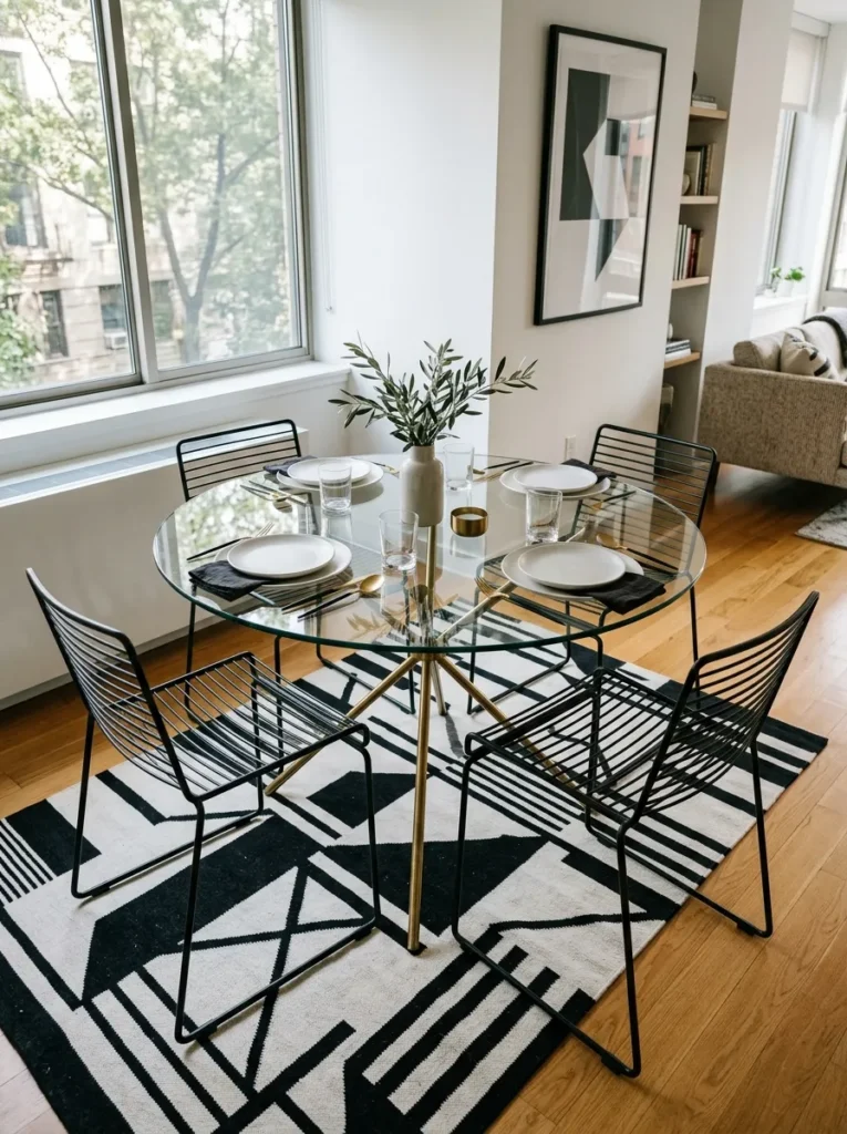 Round glass-top dining table with slim metal chairs in a small apartment dining area