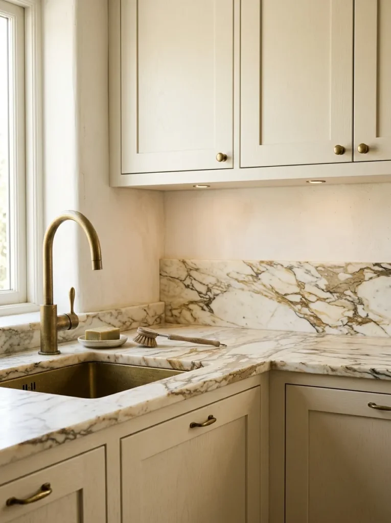 Kitchen counter in warm gold-veined marble above cream cabinets with an unlacquered brass faucet