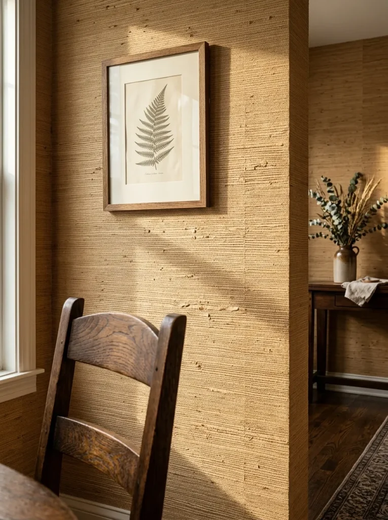 Natural grasscloth wallcovering in honey-tan on a dining room wall with woven texture visible under raking afternoon light
