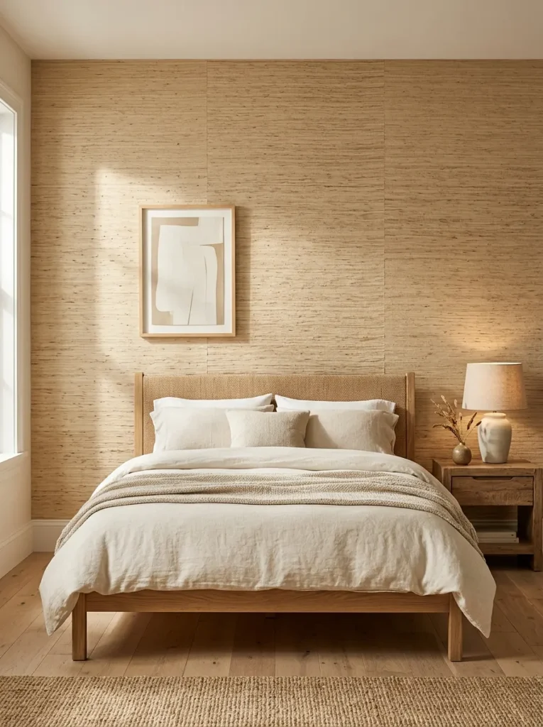 Grasscloth wallpaper in warm oat tones on a bedroom accent wall, the woven fibre texture catching afternoon side light