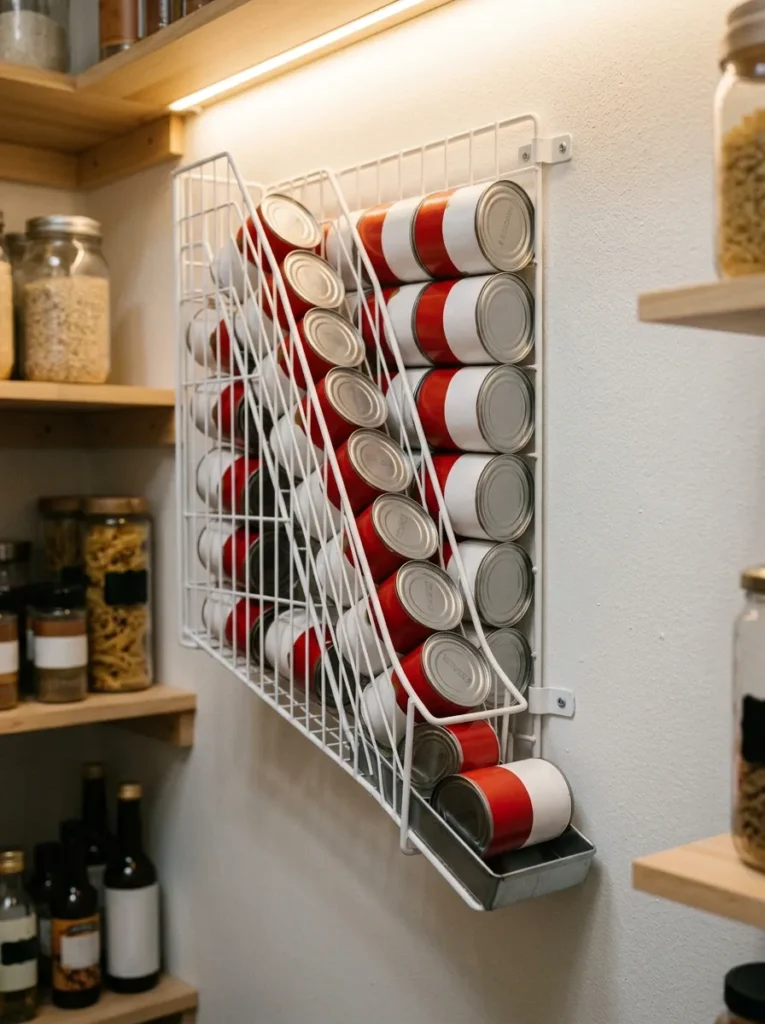 White wire gravity-fed can dispenser mounted on a pantry wall with soup cans loaded vertically