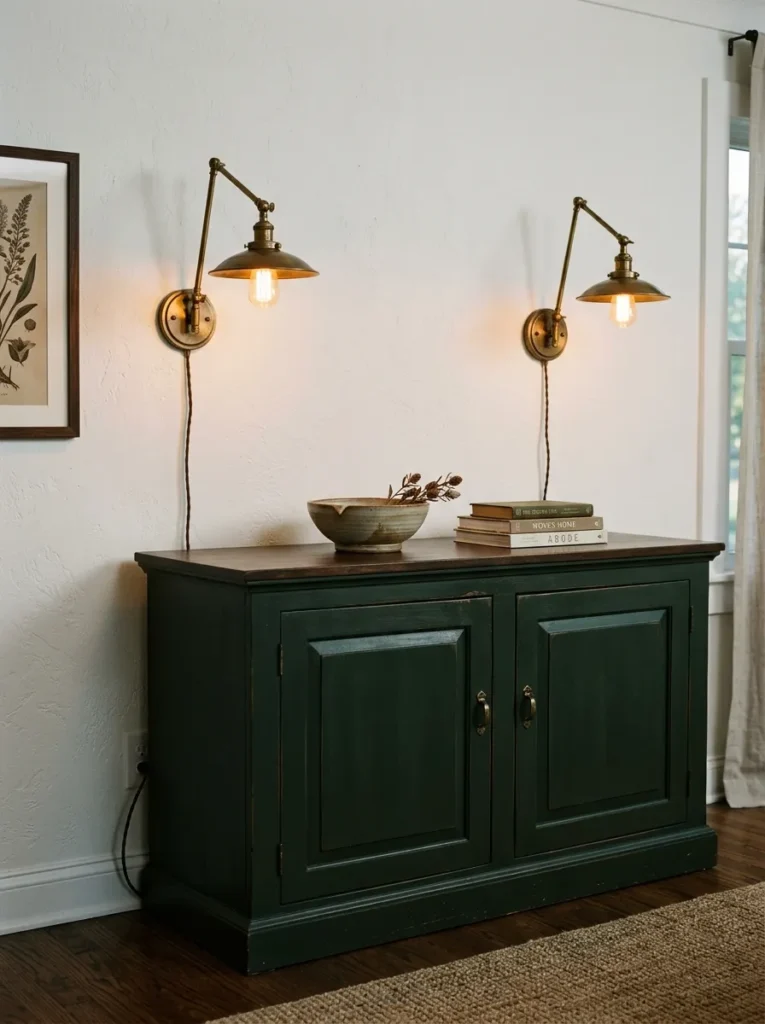 Dark green buffet cabinet with two aged brass wall sconces mounted symmetrically on either side, keeping the surface clear of lamps with only a ceramic bowl and books below

