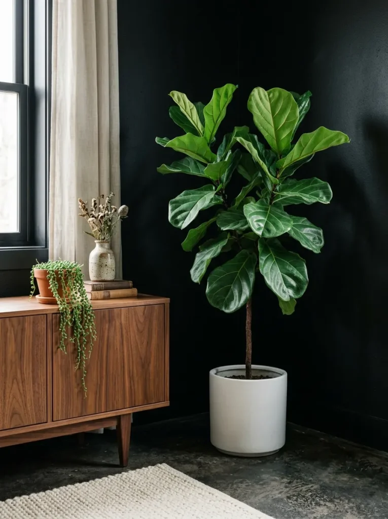Fiddle leaf fig in a white planter against a black bedroom wall beside a walnut credenza with trailing plants

