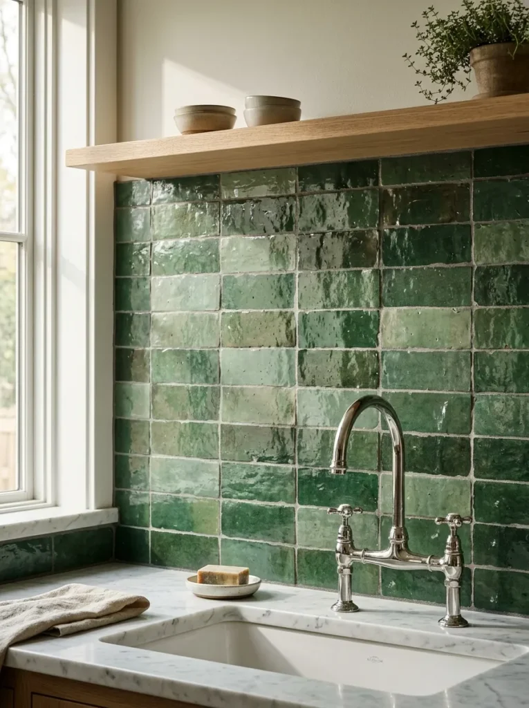 Green zellige tile kitchen backsplash with natural glaze variation from forest green to sage, beside a white marble countertop
