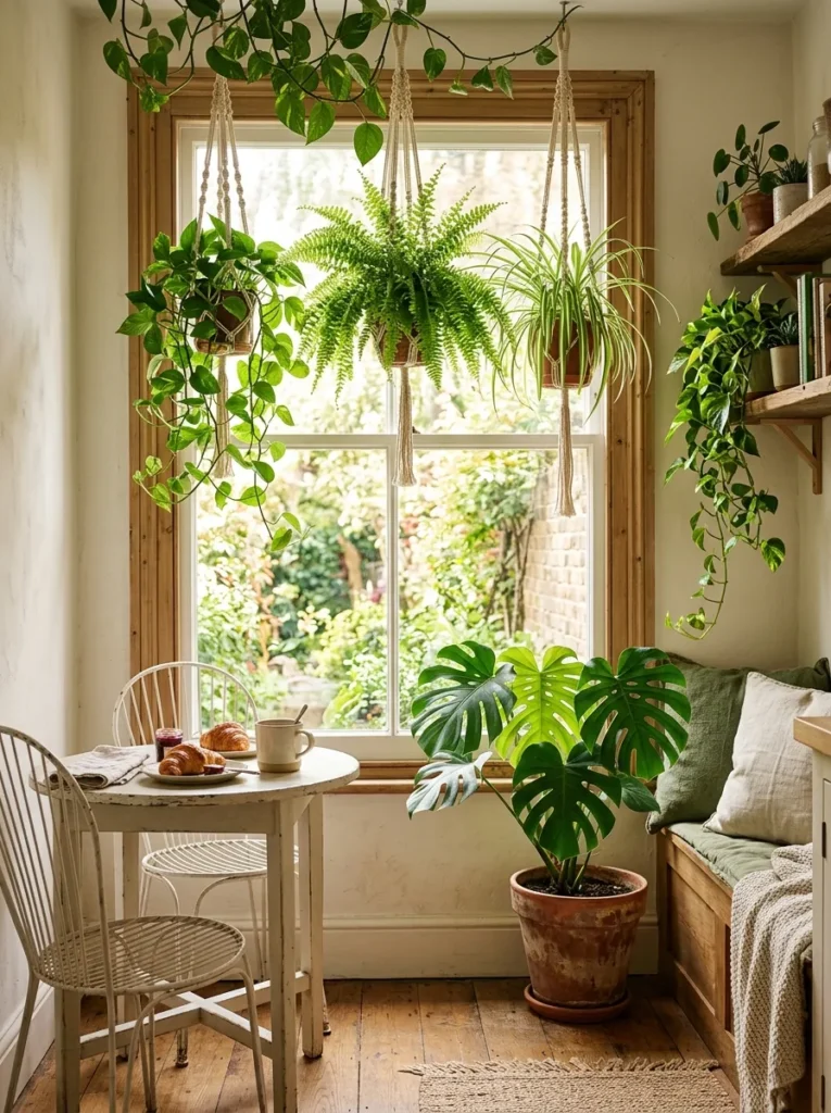 Plant-filled kitchen nook with hanging plants, large monstera on floor, and a white bistro table by a sunny window