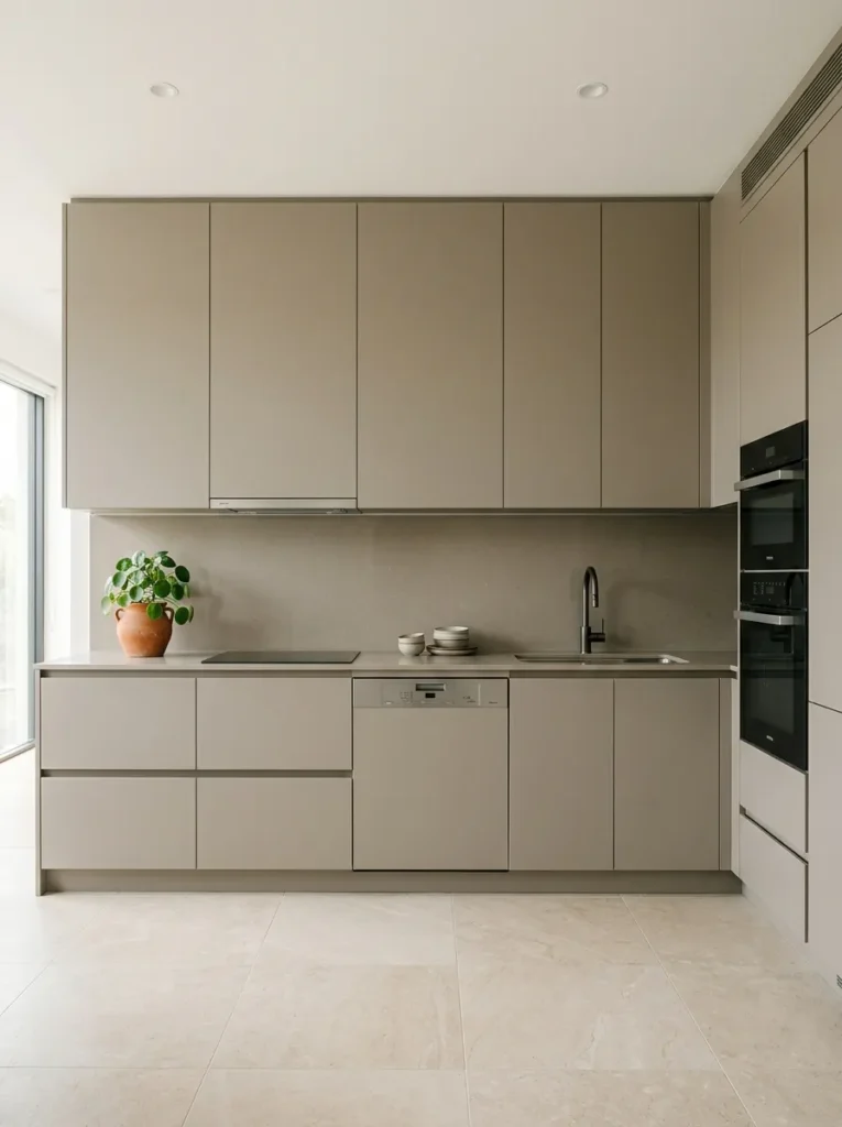 Contemporary kitchen with flat-front greige matte handleless cabinets and warm stone-look floor tile