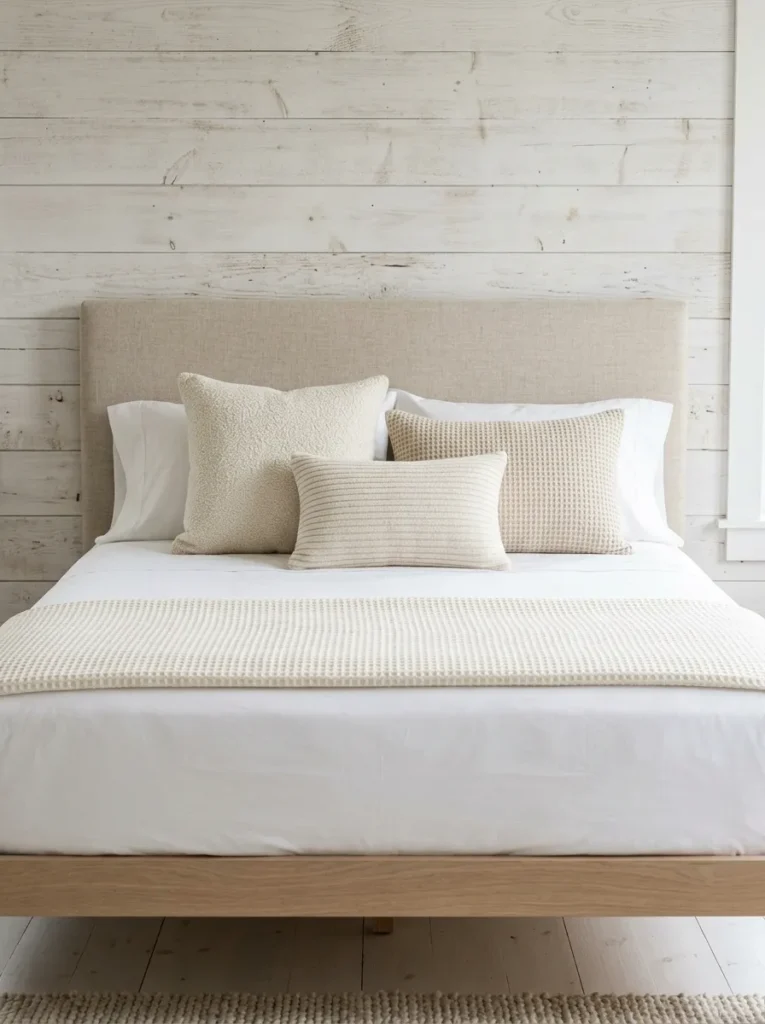 Guest bed layered with white percale, an ivory waffle coverlet, and a mix of bouclé, waffle, and ribbed knit cushions in warm off-white tones
