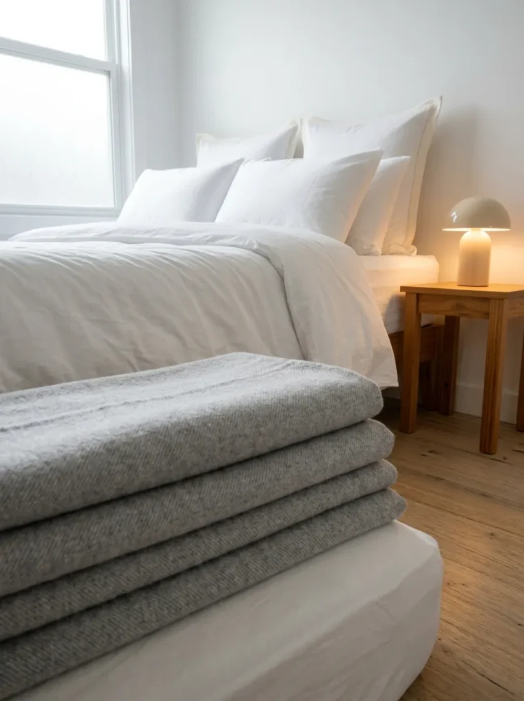 Neatly made guest bed with white sateen bedding and a folded grey blanket at the foot, beside a pine nightstand with a warm ceramic lamp
