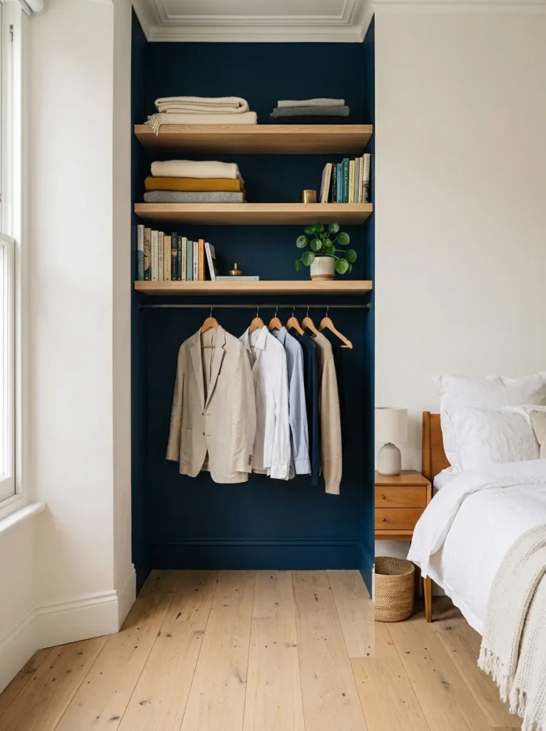 Structural bedroom alcove converted into a built-in shelving and hanging unit with deep navy interior walls, folded textiles on shelves, and wooden hangers on a rail below
