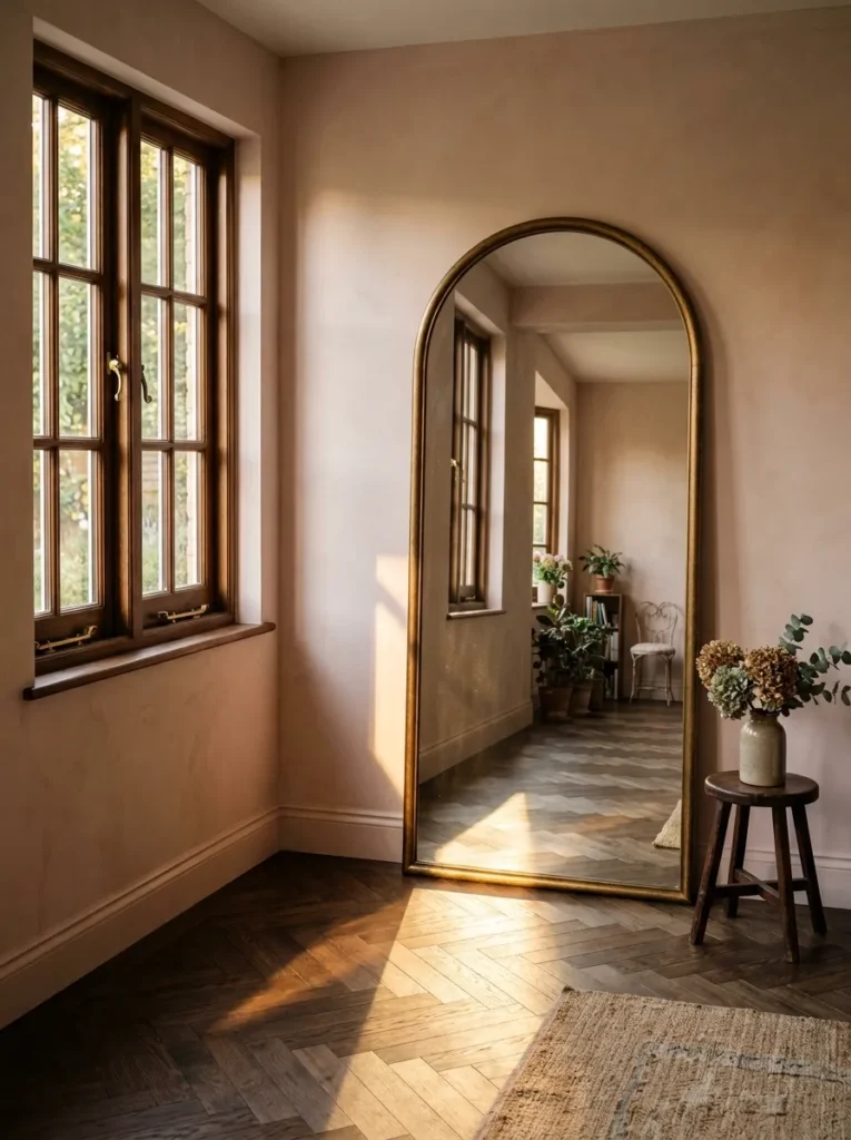 Full-length arched brass-framed mirror leaning opposite a casement window, reflecting afternoon sunlight across a chevron parquet floor in a blush-toned guest bedroom
