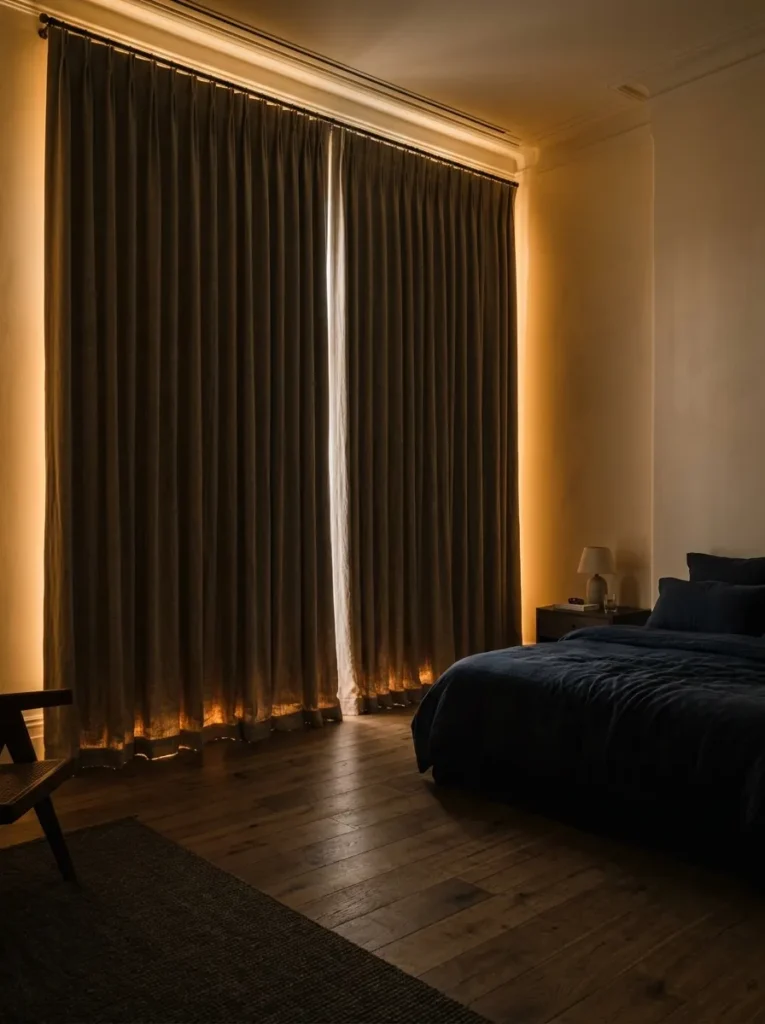 Guest bedroom with ceiling-height mushroom linen blackout curtains blocking morning light, with a sheer inner layer and navy bedding visible
