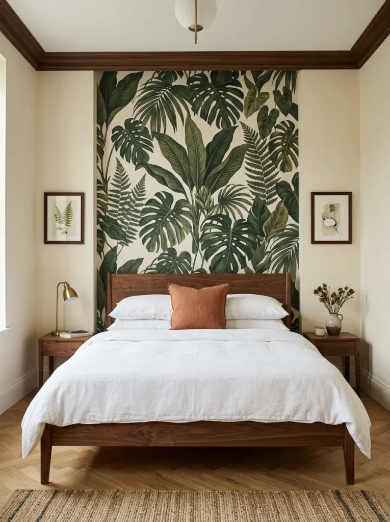 Guest bedroom with a botanical-print wallpaper accent wall framing a walnut bed, white bedding, and herringbone parquet floor