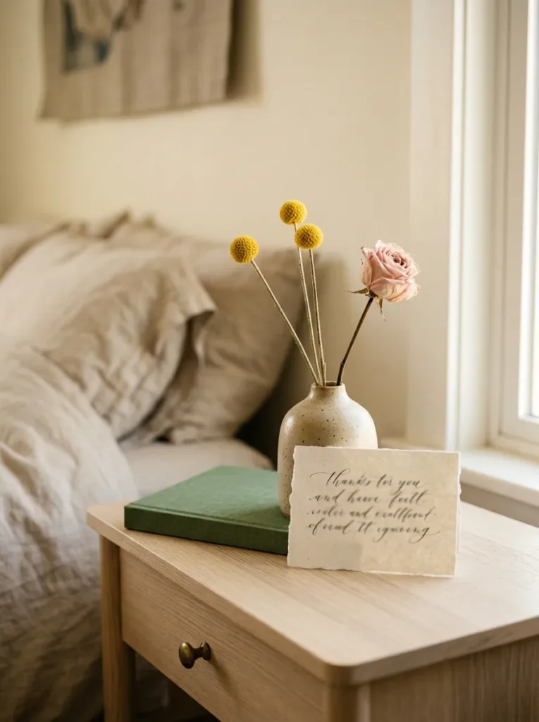 Small ceramic bud vase with dried billy buttons and a pale rose on a light ash nightstand, beside a hardcover book and a hand-lettered notecard
