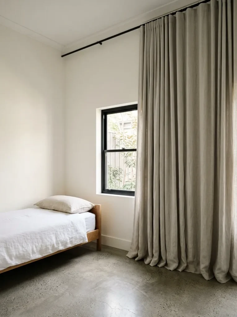 Guest bedroom with curtain rod mounted near the ceiling, pale stone linen curtains falling to the floor beside a small window, illustrating the height illusion
