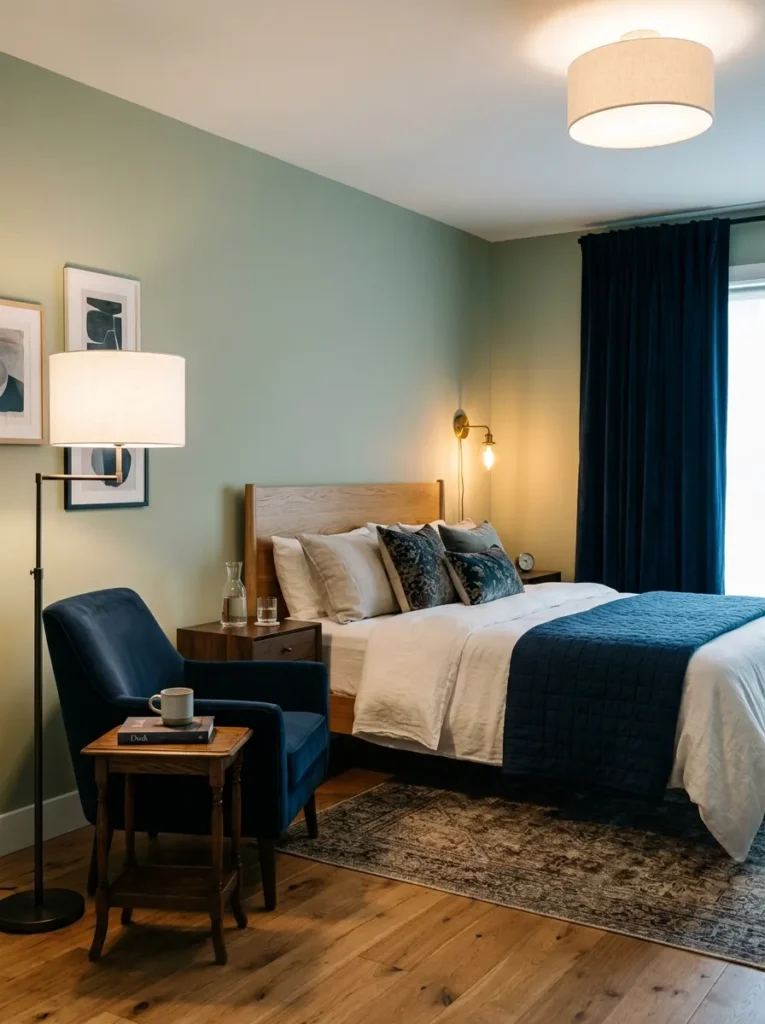 Guest bedroom at dusk showing three layered light sources — a brass wall sconce, a linen floor lamp, and an overhead pendant — against sage green walls