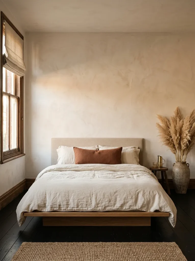 Guest bedroom with terracotta-tinted limewash plaster walls, low linen platform bed, and warm ivory bedding in soft afternoon light
