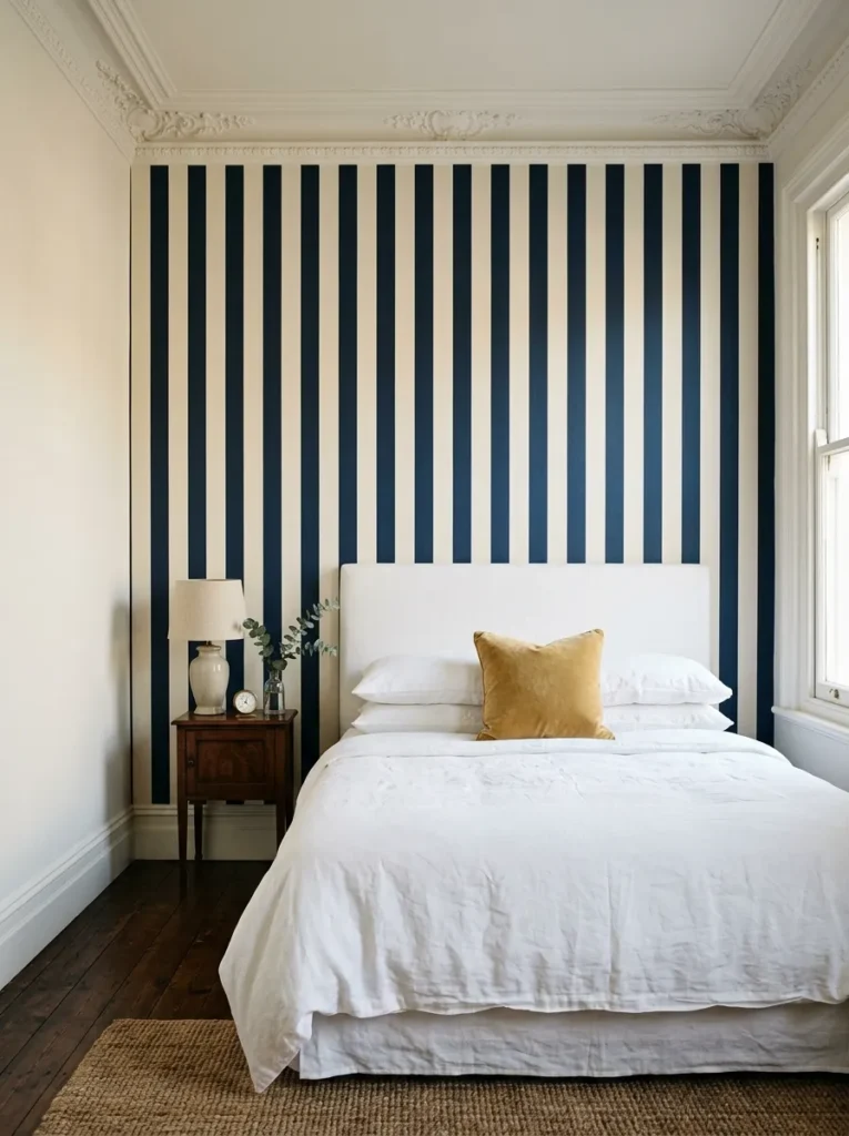 Guest bedroom with a navy and cream wide-stripe wallpaper accent wall behind a white upholstered headboard, meeting plain white walls at the Victorian cornice line
