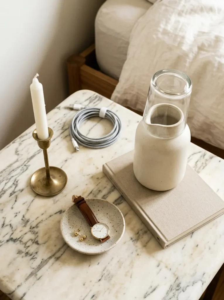 Guest bedroom nightstand with a ceramic water carafe, paperback book, small dish for jewellery, and a beeswax taper in brass holder on marble surface
