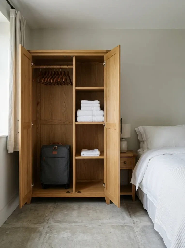 Compact guest bedroom with an open shaker-style oak wardrobe showing reserved hanging space, empty wooden hangers, and folded guest towels
