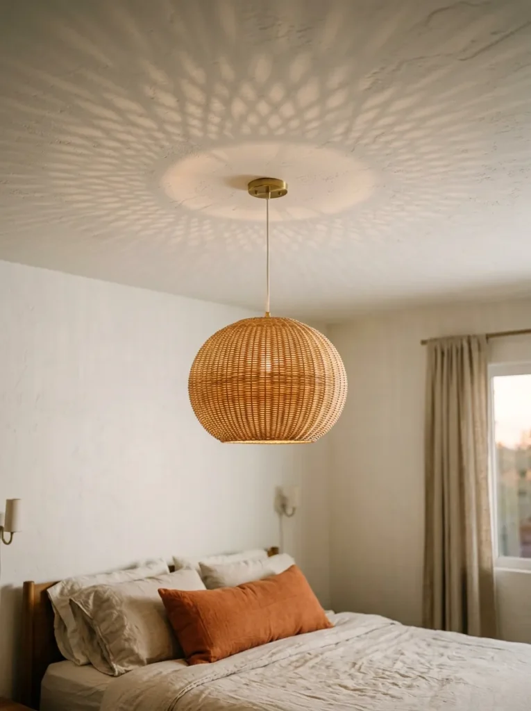 Warm rattan pendant shade hanging above a guest bed, casting dappled light patterns across an off-white plaster ceiling
