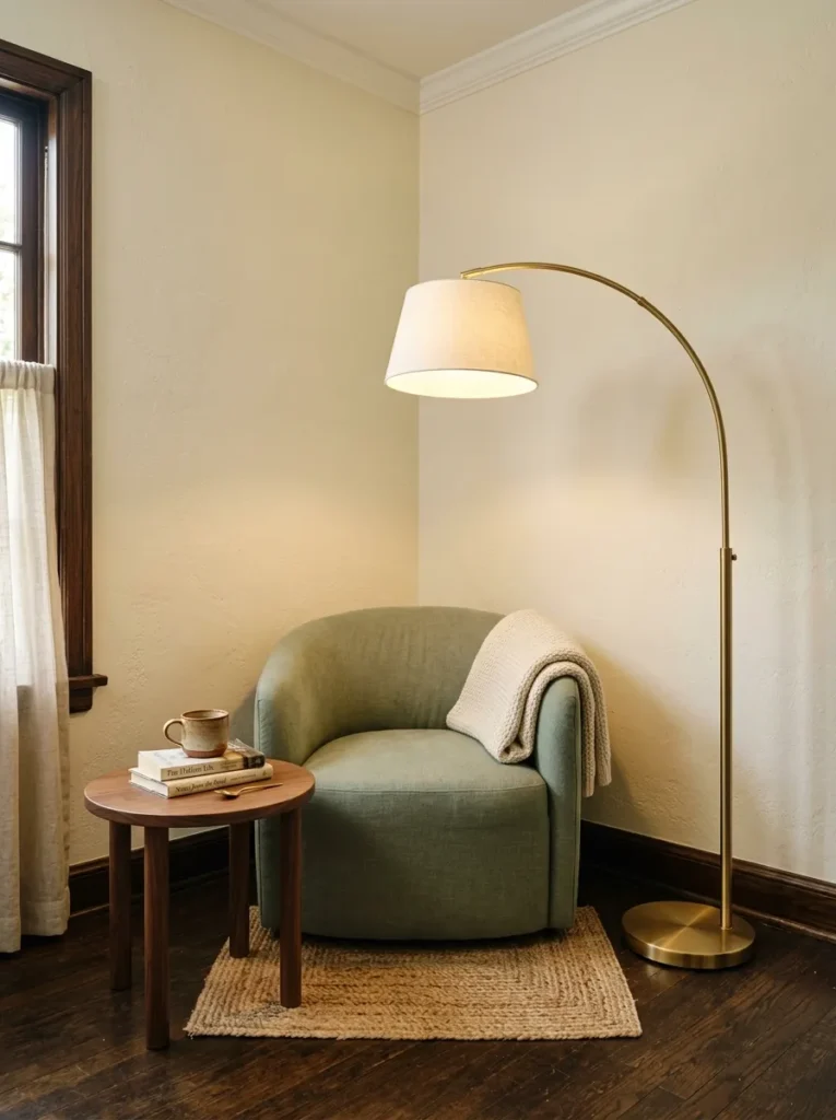 Guest bedroom reading corner with a sage linen slipper chair, round walnut side table, and tall arc floor lamp casting warm downward light
