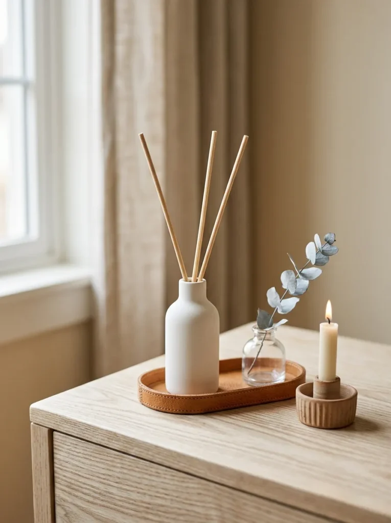 Matte white reed diffuser, dried eucalyptus bud vase, and clay candle holder arranged on a bleached ash dresser in a guest bedroom