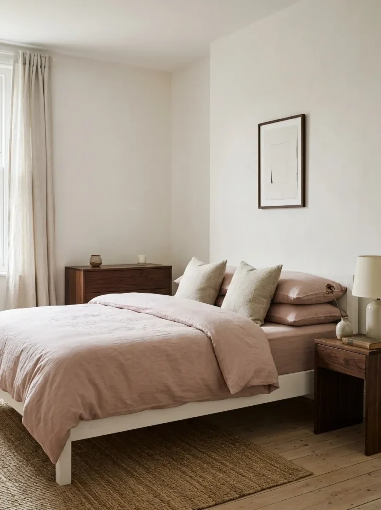 Guest bedroom with a three-tone color story of warm white walls, dusty blush linen bedding, and dark walnut furniture in even natural light
