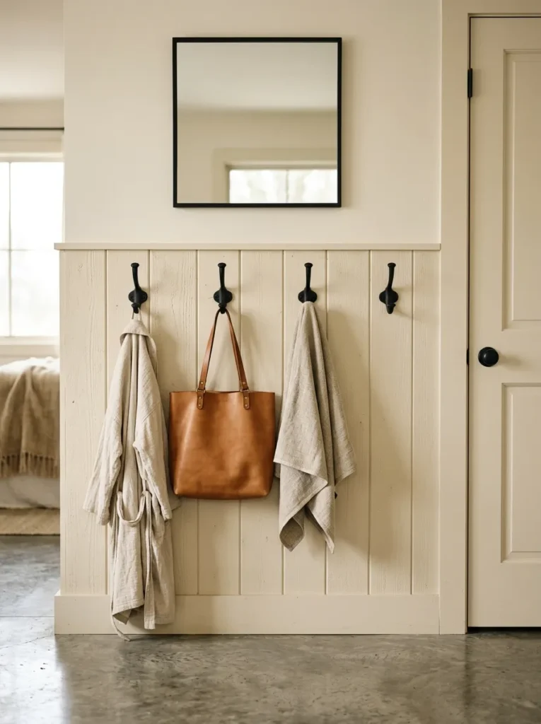 Row of matte black Shaker hooks on a cream tongue-and-groove wall panel beside a door, with a robe, bag, and linen towel hanging from them
