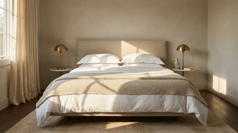 Guest bedroom with white percale bedding, linen headboard, warm greige walls, and brushed brass bedside lamps casting soft afternoon light