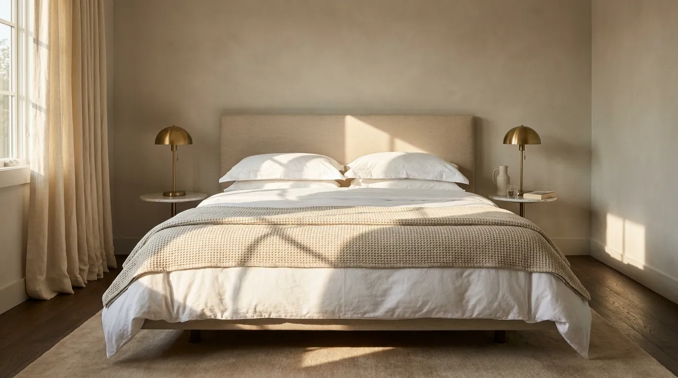 Guest bedroom with white percale bedding, linen headboard, warm greige walls, and brushed brass bedside lamps casting soft afternoon light