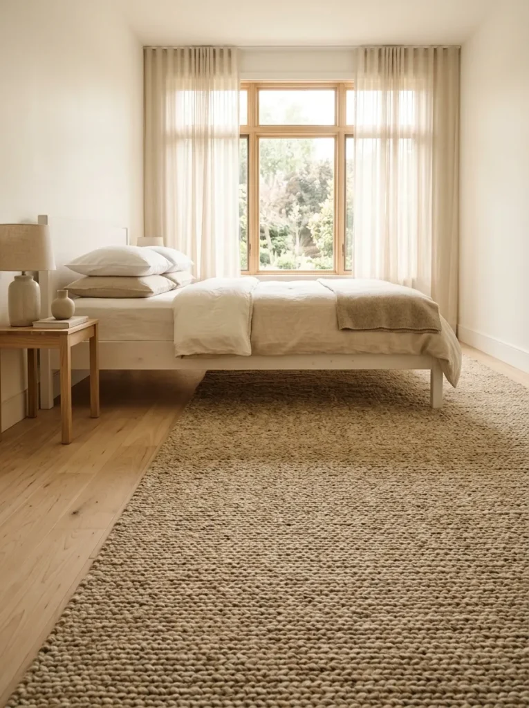 Low-angle view of a guest bedroom showing a large warm sand wool rug extending beyond the sides and foot of a white bed frame, with pale maple flooring visible at the edges

