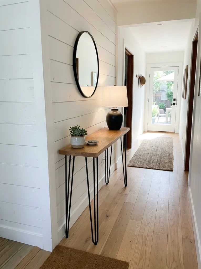 Hairpin-leg console table in a narrow hallway showing open floor space beneath, with a single lamp and small object on top
