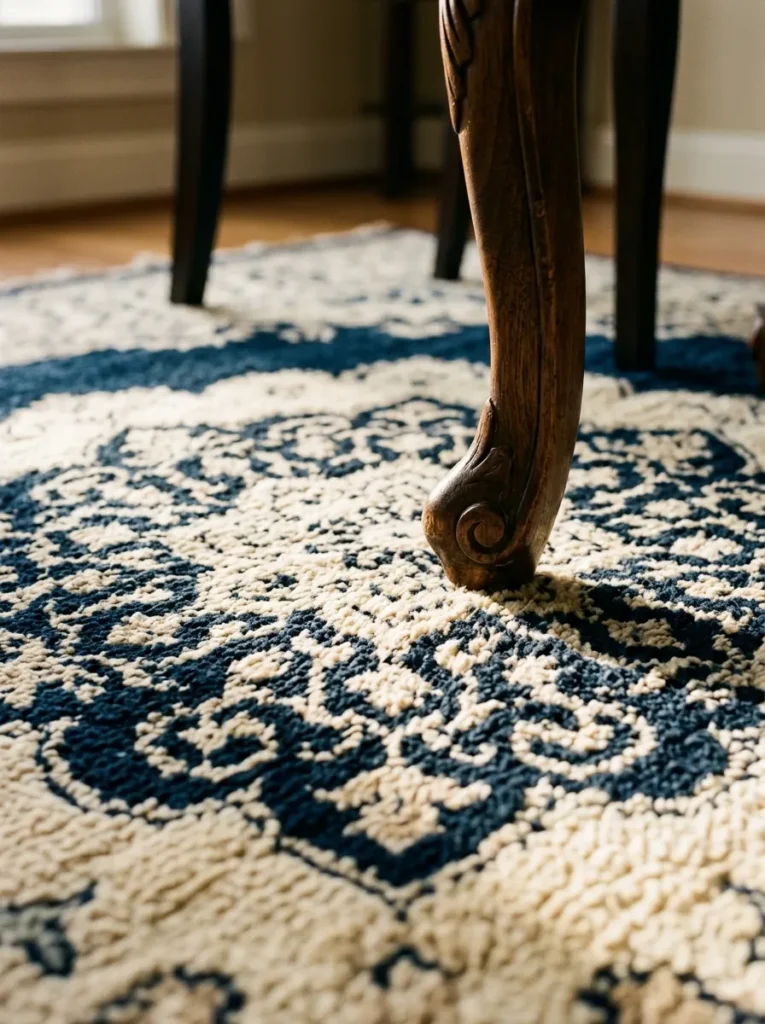 Close floor-level detail of a hand-knotted wool rug in navy and ivory in a dining room, showing deep pile texture and fiber depth in raking window light

