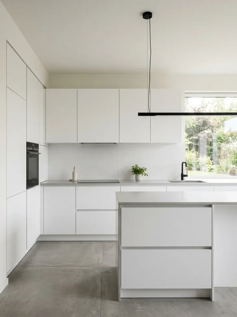 Minimalist L-shaped kitchen with sleek white handleless cabinets, integrated edge pulls, and clean horizontal lines
