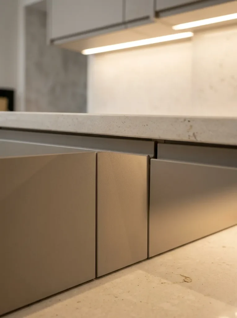 Handleless kitchen cabinets in matte greige with integrated finger-pull channels routed into each door's top edge
