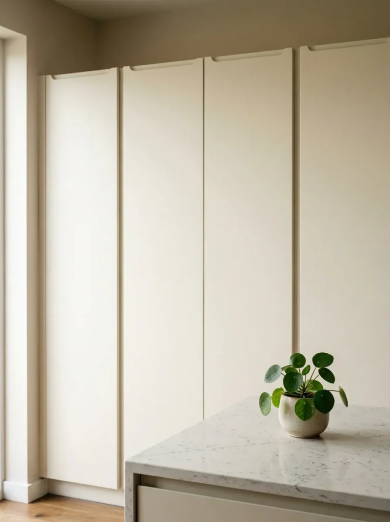 Handleless kitchen cabinet run in off-white matte lacquer with a recessed J-pull channel and pale quartz countertop
