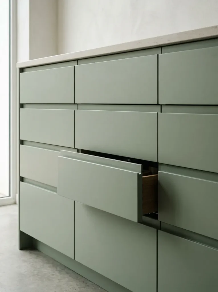 Close detail of sage green matte handleless kitchen cabinet and drawer fronts with routed finger-pull grooves and push-to-open mechanism
