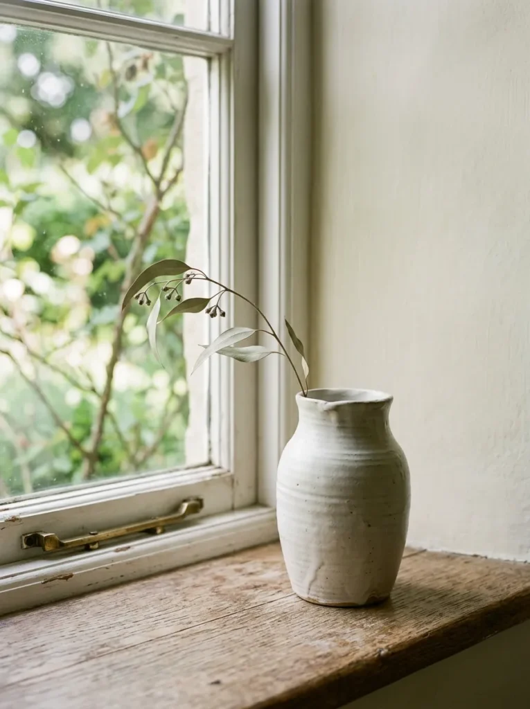 A single hand-thrown off-white ceramic vase with visible throwing marks and a dried botanical stem on a bedroom shelf in natural daylight