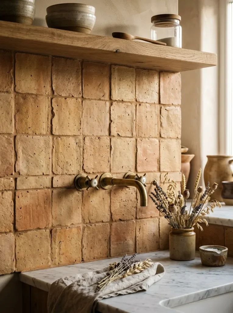 Kitchen splashback in handmade terracotta tiles with irregular texture and warm sand grout, brass wall tap and open oak shelving above