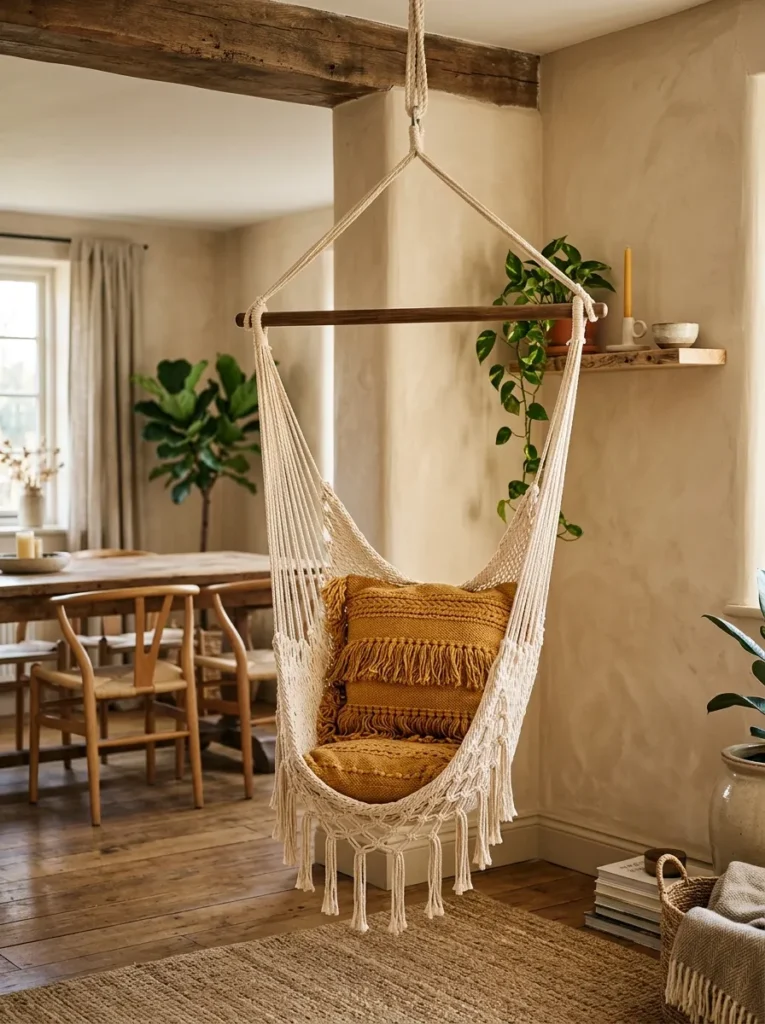 Natural cotton rope hammock chair with an ochre fringed cushion in a boho dining room corner, hanging from a ceiling beam with a limewash wall behind
