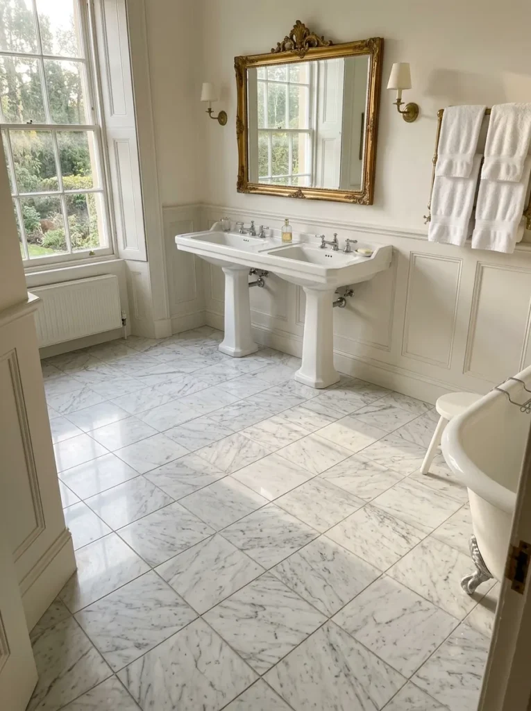 Polished marble floor in a luxury bathroom with radiant underfloor heating beneath