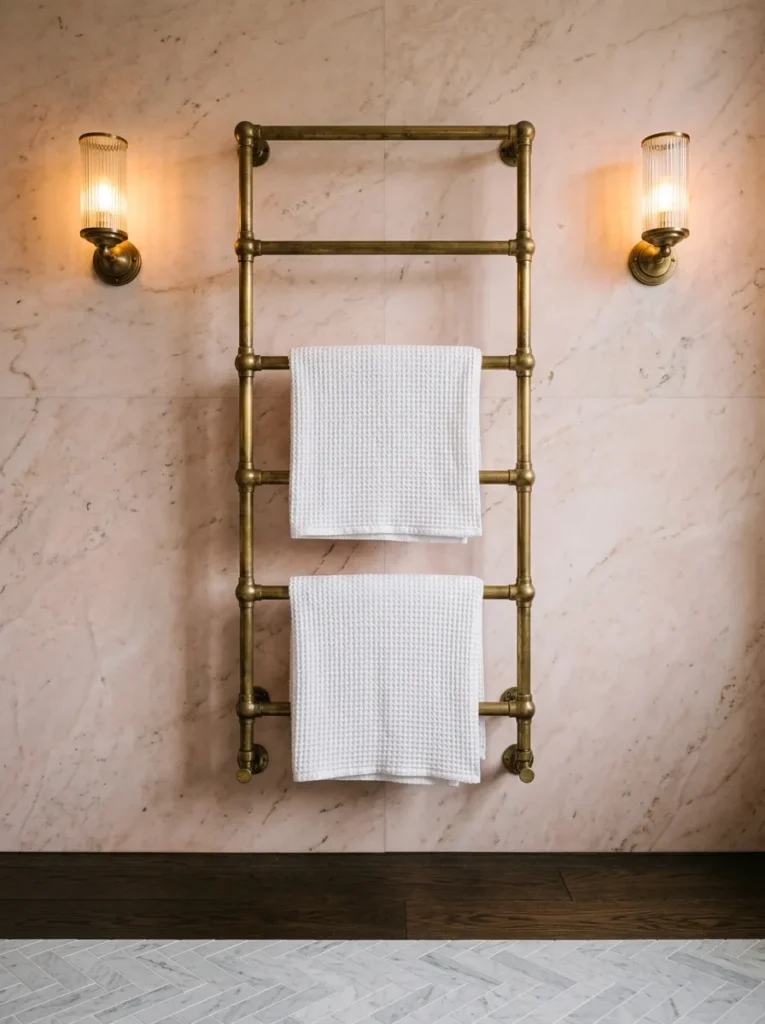 Tall brass heated towel ladder rack mounted on a marble bathroom wall with folded white towels