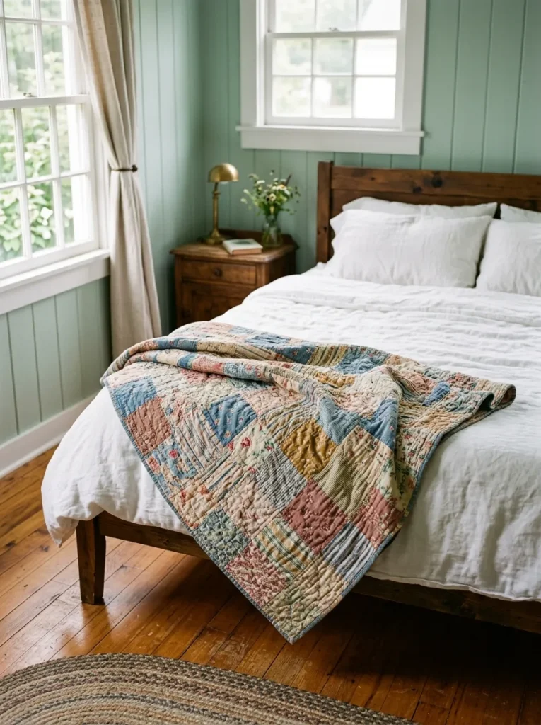  Vintage feedsack patchwork quilt casually folded across a white-sheeted bed